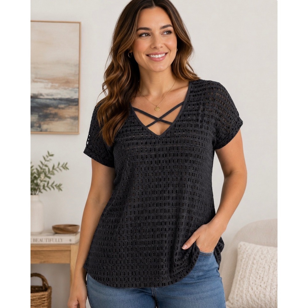 Westport Womens Black Eyelet Lace V-Neck Crisscross Strap Short Sleeve Top Large